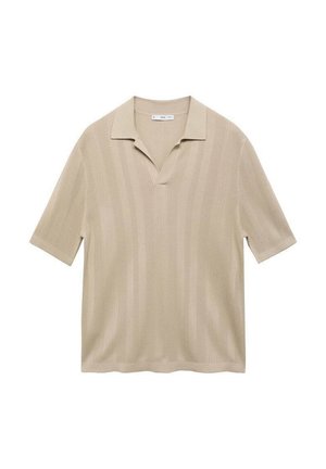 Short-sleeve beige polo shirt with a collared neckline, featuring vertical ribbed texture and a relaxed fit.