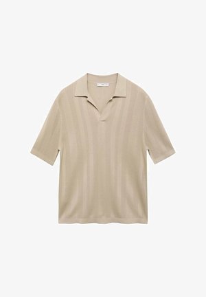 Short-sleeve beige polo shirt with a collared neckline, featuring vertical ribbed texture and a relaxed fit.
