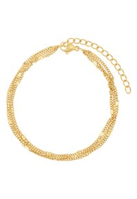 Bracciale in oro con più filamenti di varie texture e maglie, chiusura a moschettone e catena di estensione regolabile.