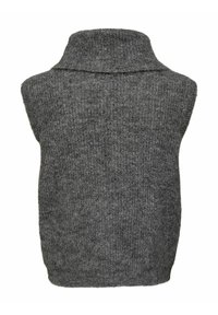 Gilet sans manches en tricot gris foncé avec un col haut plié et un tissu en laine texturé.