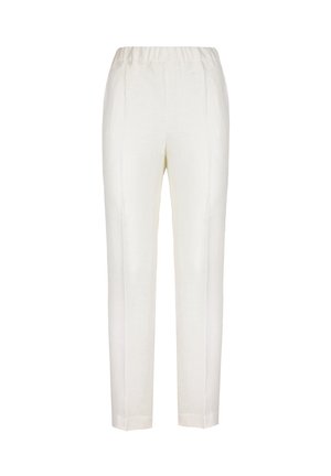 Lehkie, kremowe lniane spodnie z elastycznym pasem, prostymi nogawkami i bocznymi szwami, zapewniające gładką fakturę i dopasowany krój.