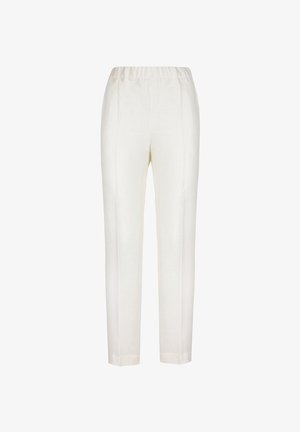 Lehkie, kremowe lniane spodnie z elastycznym pasem, prostymi nogawkami i bocznymi szwami, zapewniające gładką fakturę i dopasowany krój.