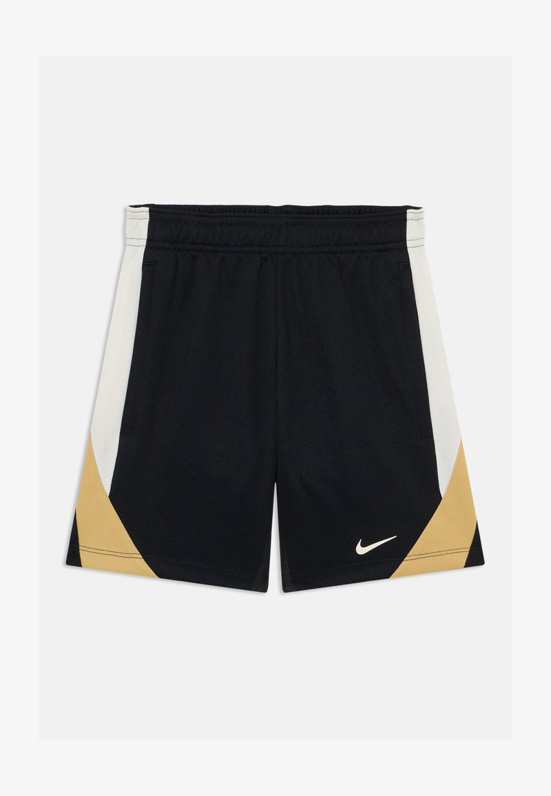 Calções desportivos pretos com acentos diagonais em dourado e branco, cintura elástica, feitos de um tecido respirável, apresentando um pequeno logo branco da Nike.