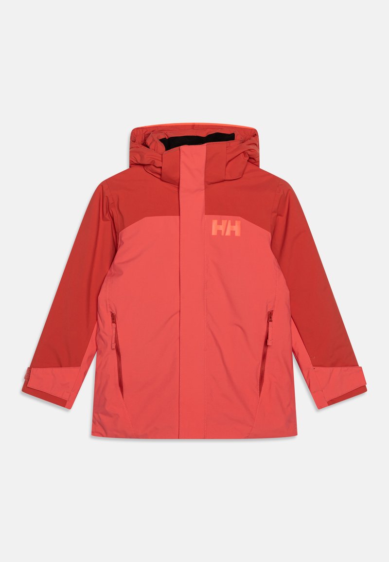 Rote wasserdichte Jacke mit Kapuze, durchgehendem Reißverschluss, Reißverschlusstaschen und kontrastierenden Einsätzen in dunklerem Rot und Pink.