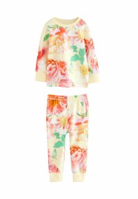 Floral-patterned two-piece pajama set in soft, lightweight fabric. Long-sleeve top and matching pants, featuring pink and orange flower designs.