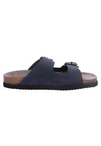 Calzature: sandali in pelle nera con doppi fibbie, plantare in sughero, suola piatta in gomma, ritagli sui lati. Texture liscia, design casual.