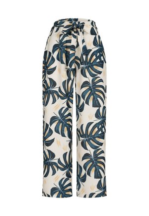 Wide-leg trousers with a cream background, featuring a tropical leaf pattern in dark green and gold accents. Elastic waistband with a tie.