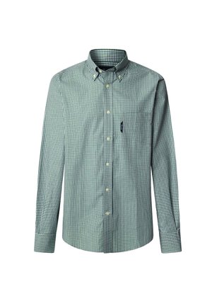 Camicetta a maniche lunghe a quadri verde e bianca, con colletto button-down e taschino sul petto, su uno sfondo bianco.