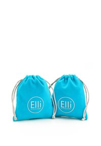 Par vrećica od tirkiznog pamuka s vezicom i bijelim logotipom "Elli" otisnutim sprijeda, glatke teksture.