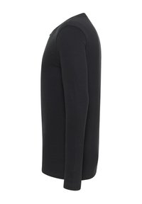 Schwarzes Langarmshirt aus glattem Material mit Rundhalsausschnitt und eng anliegenden Ärmeln. Minimale sichtbare Nähte und Details.