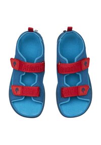 Infradito blu con fasce in Velcro rosso, caratterizzate da lati ritagliati e un interno imbottito. Realizzate in materiale leggero con una suola testurizzata.