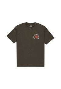 Oliegroene katoenen t-shirt met een ronde hals en korte mouwen. Heeft een afbeelding van een rode tijger en de tekst "RVCA EST. MMI" op de borst.