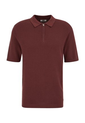 Kurzärmeliges Poloshirt in Kastanienbraun mit strukturiertem Stoff und einem halben vorderen Reißverschluss, ausgestattet mit einem klassischen Kragen.