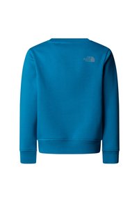 Blue sweatshirt made of soft fabric with a ribbed crew neckline and cuffs. Features a small logo printed in a lighter shade on the back.