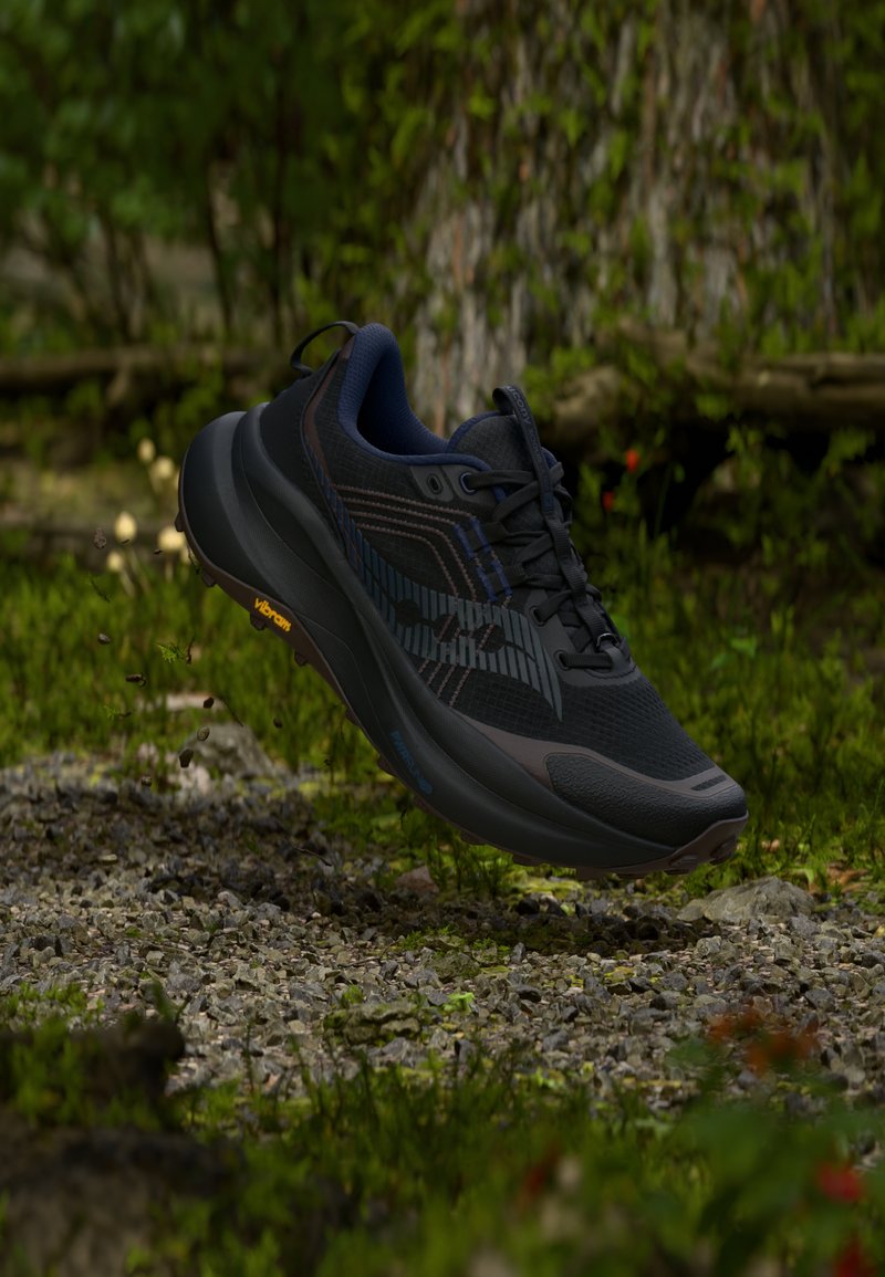 Melnas skriešanas kurpes ar sietveida augšdaļu un zilo akcentu, ar teksturētu zoli un Vibram zīmolu, paredzētas stabilitātei dažādos reljefos.