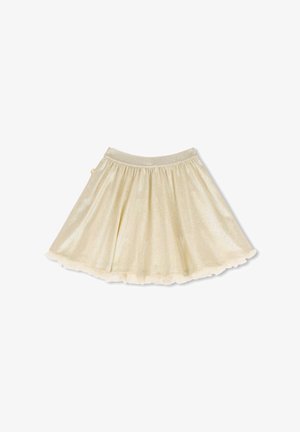 Jupe pailletée or clair avec taille élastique et ourlet à volants, étalée à plat sur un fond blanc.