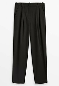 Svarta byxor med skräddarsydd design, som har frontveck, knappstängning och sidofickor, tillverkade av ett mjukt tyg.