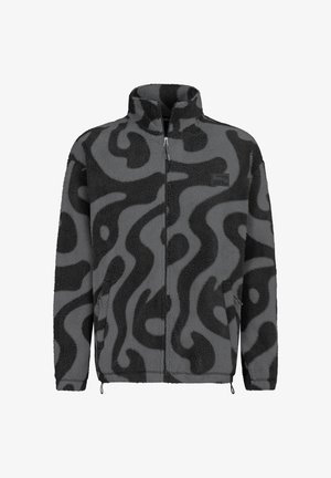 Fleece jacket in grey with a black abstract swirl pattern. Features a high collar, zip closure, and side pockets. Soft, textured surface.