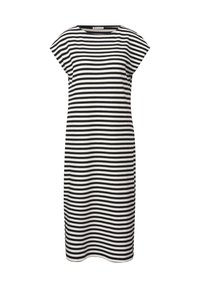 Randig klänning med svarta och vita horisontella ränder, rund halsringning och korta ärmar. Tillverkad av ett mjukt, texturerat tyg.