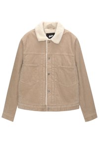 Beige kordflodjacka med en mjuk, vit fårskinnskrage. Har tryckknappar, två framfickor och ribbade ärmslut. Strukturerad tyg.