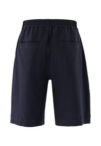 Marineblaue Shorts aus strukturiertem Stoff, mit elastischem Bund und zwei Gesäßtaschen. Gerader Schnitt mit einer Länge bis zur Mitte des Oberschenkels.