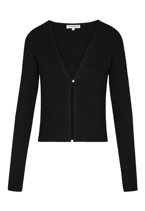 Zwarte geribbelde cardigan met lange mouwen, V-hals, enkele knoopsluiting en een gladde textuur. Bevat een kleine decoratieve parelaccent.