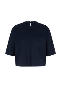 Marineblaues T-Shirt mit kurzen Ärmeln, Rundhalsausschnitt und einer Brusttasche. Glattes Material und ein Schlüsselloch-Ausschnitt auf der Rückseite.