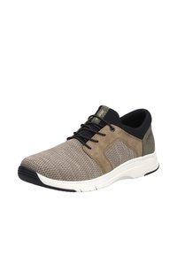 Gray and tan athletic shoe made of mesh and suede, featuring black laces, a cushioned sole, and a rounded toe design.