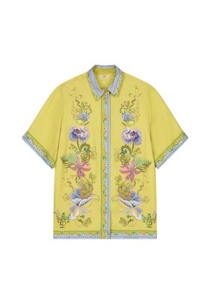 Geel shirt met korte mouwen, blauwe bies en gedetailleerde kleurrijke bloemenborduursels langs de voorkant, kraag, mouwen en zoom.