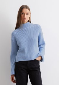 Hellblau gestreifter Pullover mit hohem Kragen und langen Ärmeln, der einen lockeren Sitz und einen seitlichen Schlitz am Saum aufweist, kombiniert mit schwarzen Hosen.
