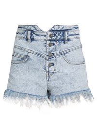 Shorts de mezclilla azul claro con cintura alta, dobladillo deshilachado y cierre de cinco botones, con bolsillos delanteros y un acabado ligeramente desteñido.