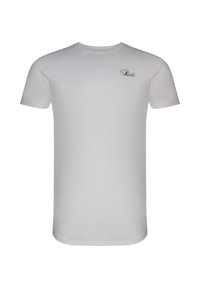 Λευκό κοντομάνικο T-shirt με στρογγυλή λαιμόκοψη και μικρό μαύρο κείμενο σε καλλιγραφικό στυλ στο αριστερό στήθος που γράφει "Siksilk".