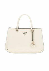 Borsa a mano in pelle bianca testurizzata con doppi manici, accessori in oro, logo triangolare e charm decorativo a forma di lucchetto. Forma liscia e strutturata.