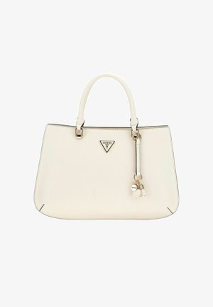 Borsa a mano in pelle bianca testurizzata con doppi manici, accessori in oro, logo triangolare e charm decorativo a forma di lucchetto. Forma liscia e strutturata.