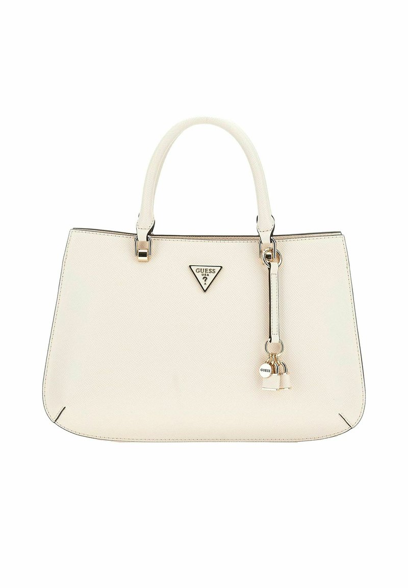 Borsa a mano in pelle bianca testurizzata con doppi manici, accessori in oro, logo triangolare e charm decorativo a forma di lucchetto. Forma liscia e strutturata.