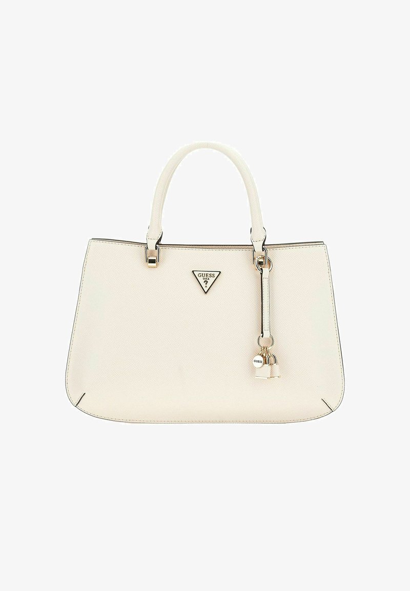 Borsa a mano in pelle bianca testurizzata con doppi manici, accessori in oro, logo triangolare e charm decorativo a forma di lucchetto. Forma liscia e strutturata.