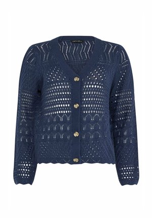 Cardigan blu navy lavorato a maglia con maniche lunghe, scollo a V, chiusura con bottoni e una combinazione di motivi traforati e dettagli in maglia solida.
