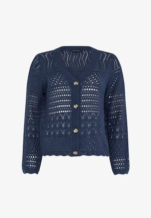 Cardigan en maille bleu marine à manches longues, col en V, fermeture à boutons, avec un mélange de motifs ajourés et de détails en maille unie.