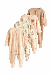 Four baby onesies in soft, ribbed fabric. Colors include peach, cream, and light brown, with teddy bear prints. Full zip closures and footed design.