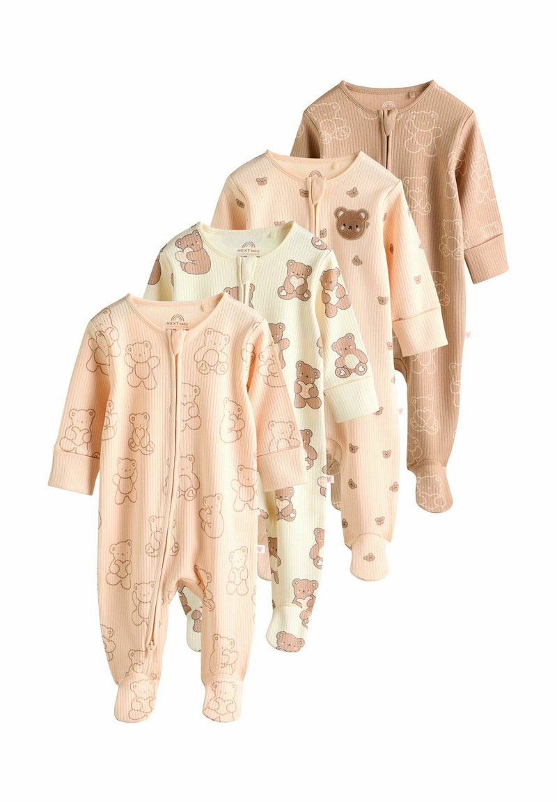 Four baby onesies in soft, ribbed fabric. Colors include peach, cream, and light brown, with teddy bear prints. Full zip closures and footed design.
