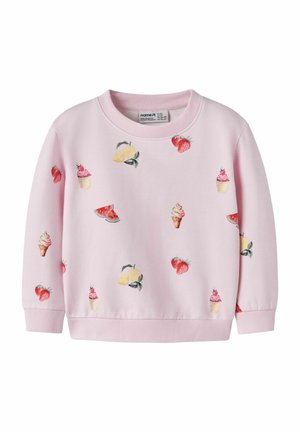 Svijetloružičasta dječja majica dugih rukava s raspršenim printom jagoda, limuna, kriški lubenice, korneta sladoleda i kolačića.