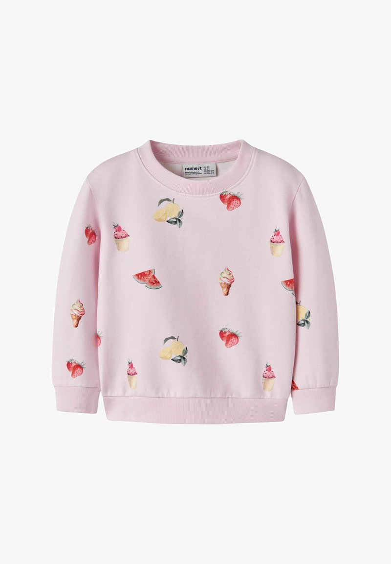 Sweat-shirt enfant rose clair avec des imprimés dispersés de fraises, citrons, tranches de pastèque, cornets de glace et desserts cupcakes.