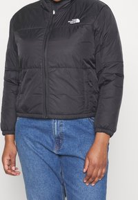 Svart pufferjacka med hög krage, dragkedja, elastiska muddar och The North Face-logotyp på vänster bröst. Buren över blå jeans.