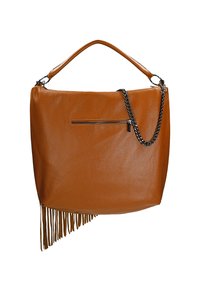 Braune Lederhandtasche mit einer strukturierten Oberfläche, ausgestattet mit einer Reißverschlusstasche, Kettendetails und Fransen am unteren Rand.