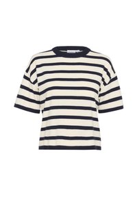T-shirt rayé en crème et bleu marine. Manches courtes, col rond, coupe décontractée, texture douce, rayures horizontales uniformément espacées.