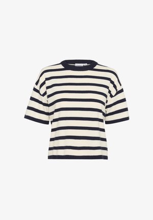 Triibuline T-särk kreemja ja mereväe sinise värviga. Lühikesed varrukad, ümmargune kaelus, mugav lõige, pehme tekstuur, horisontaalsed triibud ühtlaselt jaotatud.