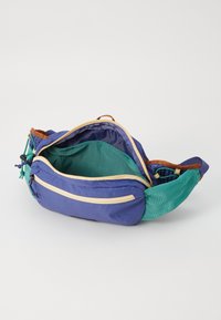 Borsa in tessuto viola e verde con un compartimento principale con zip, colori di accento, spallacci regolabili e un design leggero.