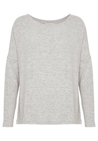 Světle šedý top s dlouhým rukávem z texturované látky, s širokým výstřihem, spadlými rameny a rovnou spodní hranou. Ležérní a pohodlný design.