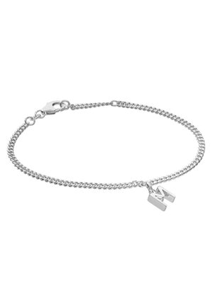 Silver chain bracelet with a small letter "M" charm and lobster clasp, displayed on a white background.