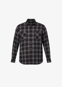 Camisa de hombre de manga larga en un patrón de cuadros gris y púrpura. Cuenta con dos bolsillos en el pecho, cierre frontal de botones y un diseño de cuello tradicional.